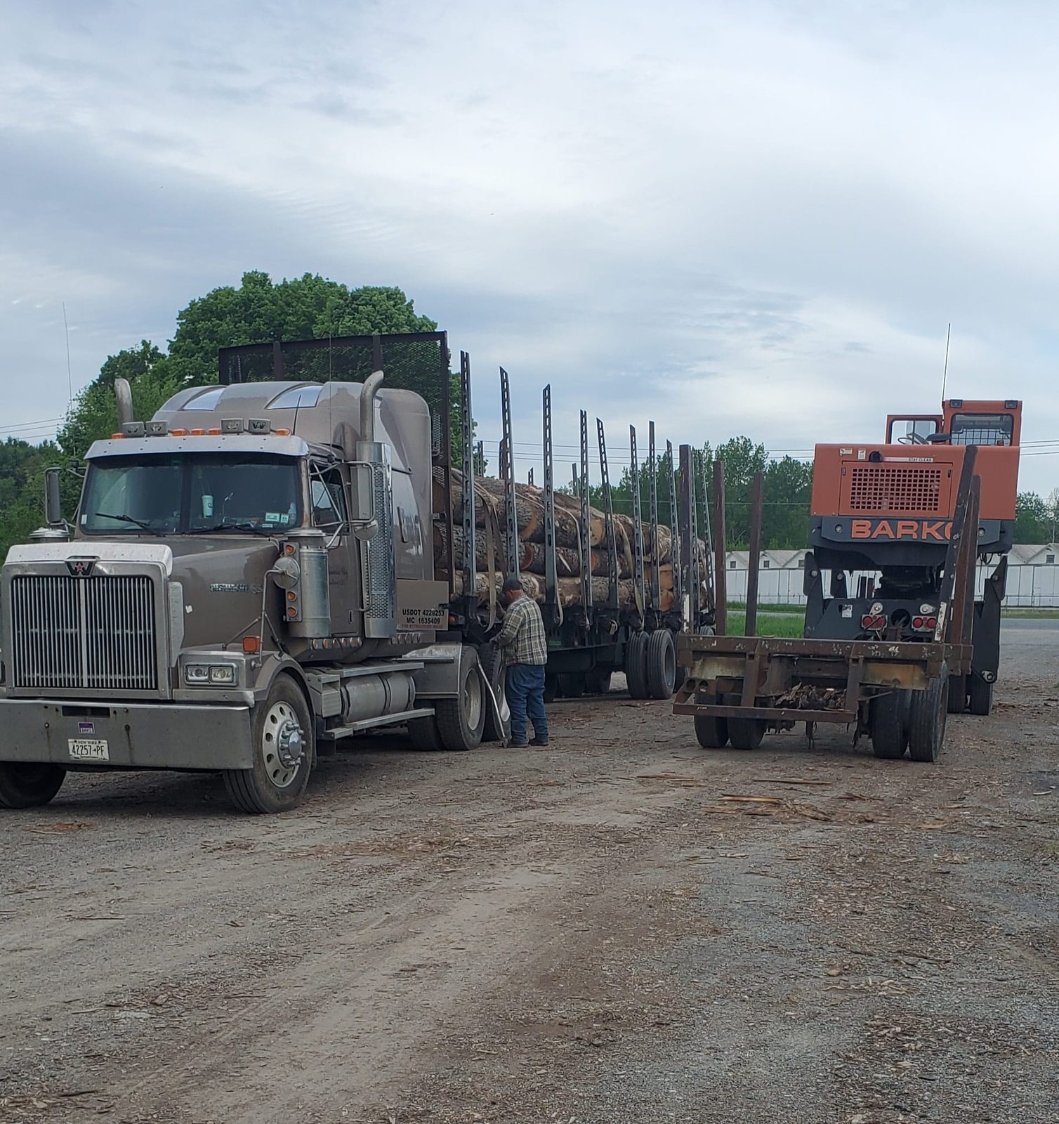 A loaded log truck parked at the yard